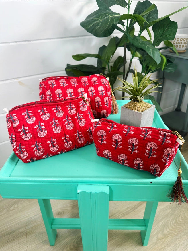 Quilted Block Print Makeup Travel Bag Set - Red