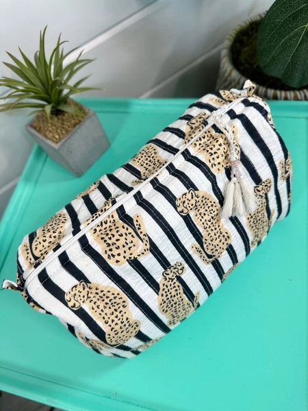Black White Stripes Jaguar Print Quilted Makeup Cosmetics Toiletry Bag