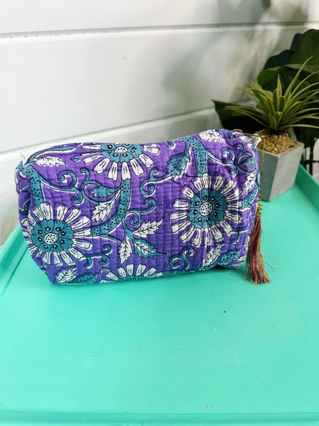 Quilted Block Print Makeup Travel Bag Set - Purple
