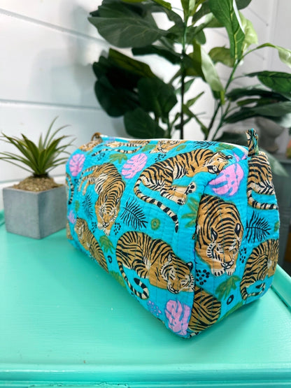 Aqua Blue Tiger Print Quilted Makeup Cosmetics Toiletry Bag