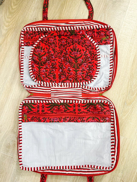Quilted Toiletry Cosmetics Makeup Travel Bag Case - Coral-Red