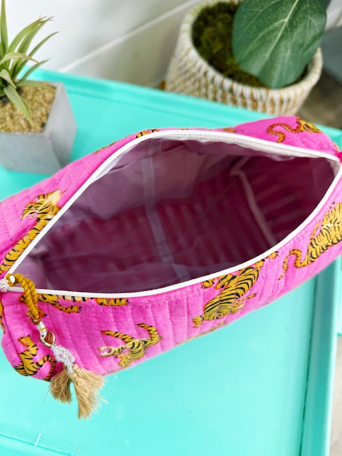 Bright Pink Tiger Print Quilted Makeup Cosmetics Toiletry Bag