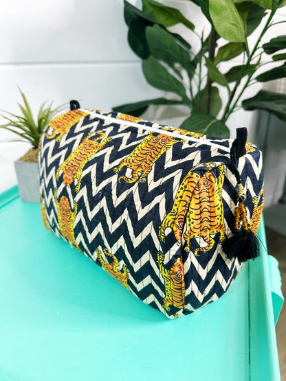 Black White Chevron Tiger Print Quilted Makeup Cosmetics Toiletry Bag