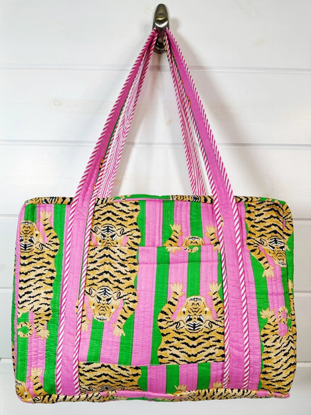 Quilted Overnight Weekender Bag - Pink Green Tigers