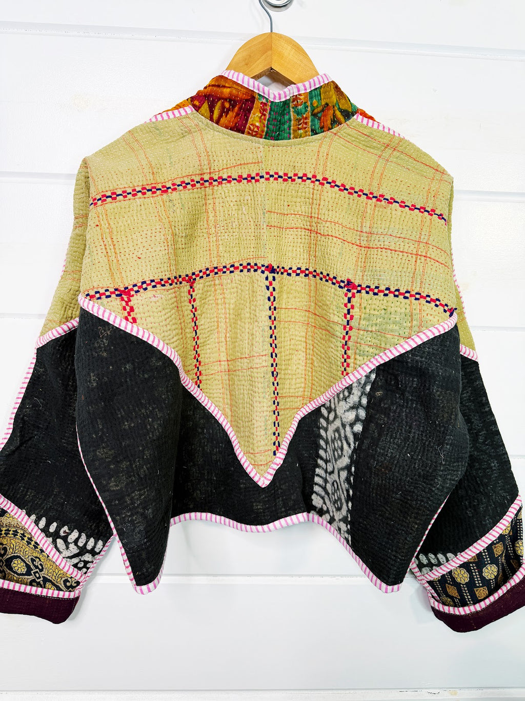 Stevie style revival kantha jacket #2314, on a hanger, back view