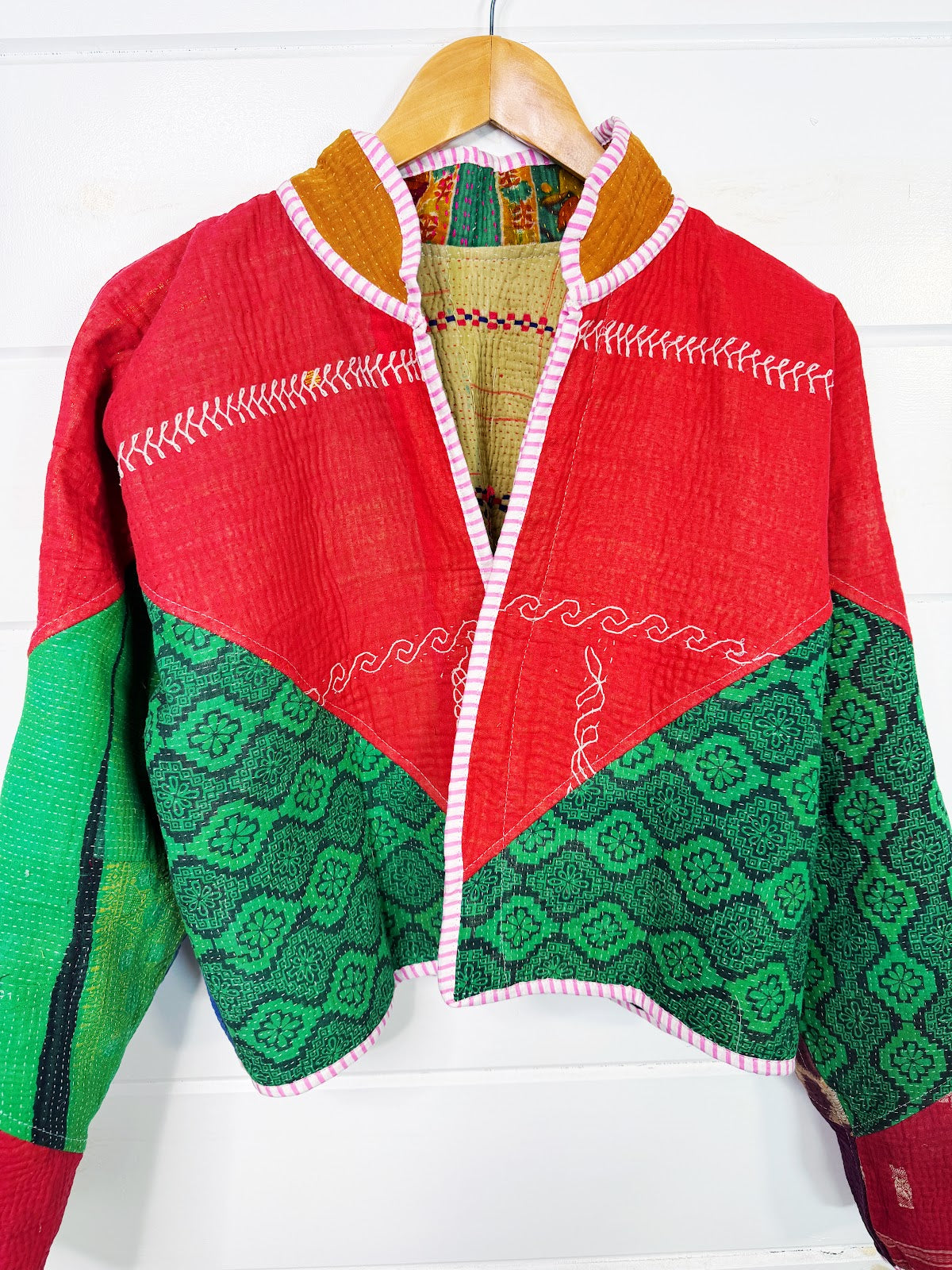 Stevie style revival kantha jacket #2314, reversed to show the other side, front view