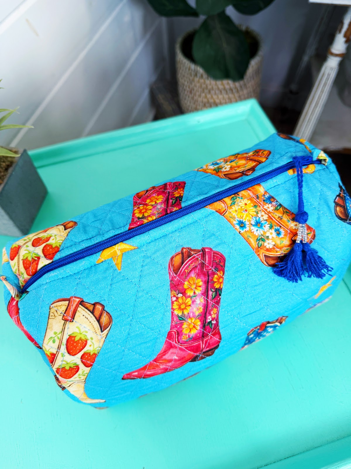 Blue Cowboy Boot Print quilted makeup cosmetics toiletry bag