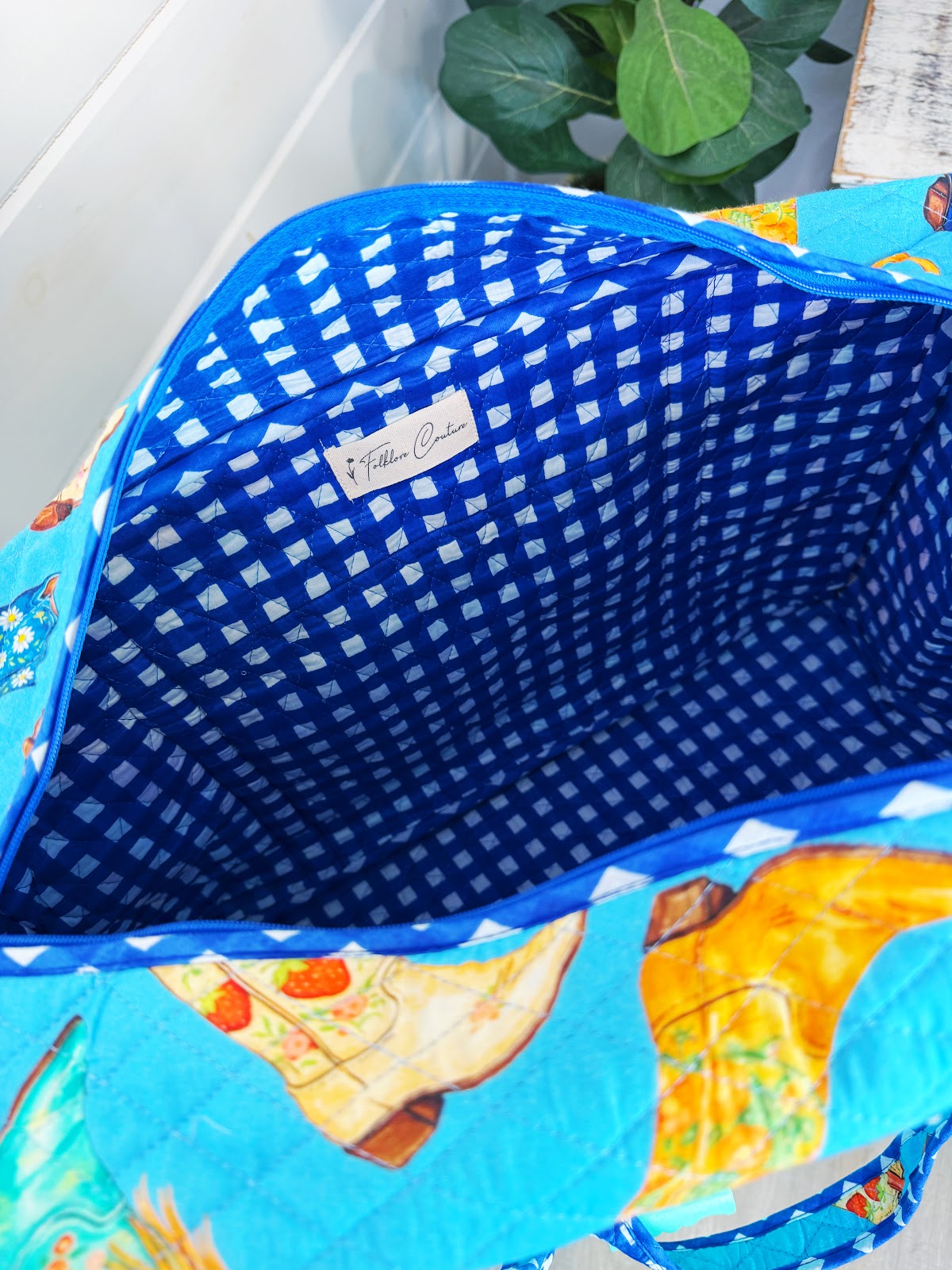 Blue Cowboy Boot Print quilted weekender duffle overnight bag