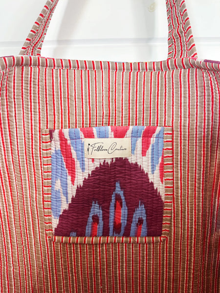 Quilted Block Print Tote Bag Reversible - Plum Ikat Tie Dye