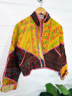 Stevie style revival kantha jacket #2315, patchwork kantha on a hanger, front view