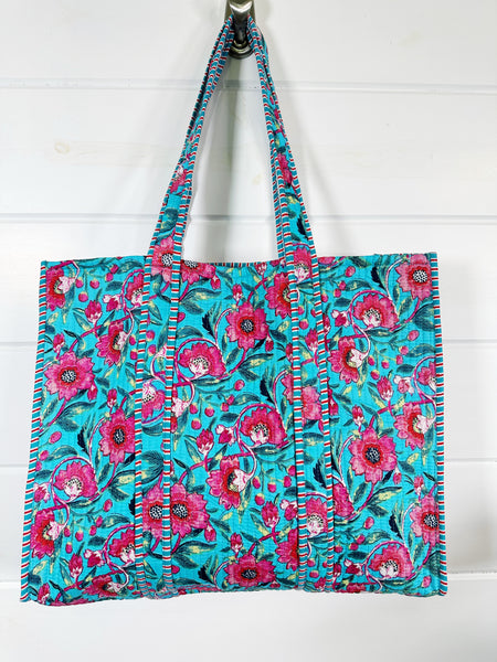 Quilted Block Print Tote Bag Reversible - Aqua Pink