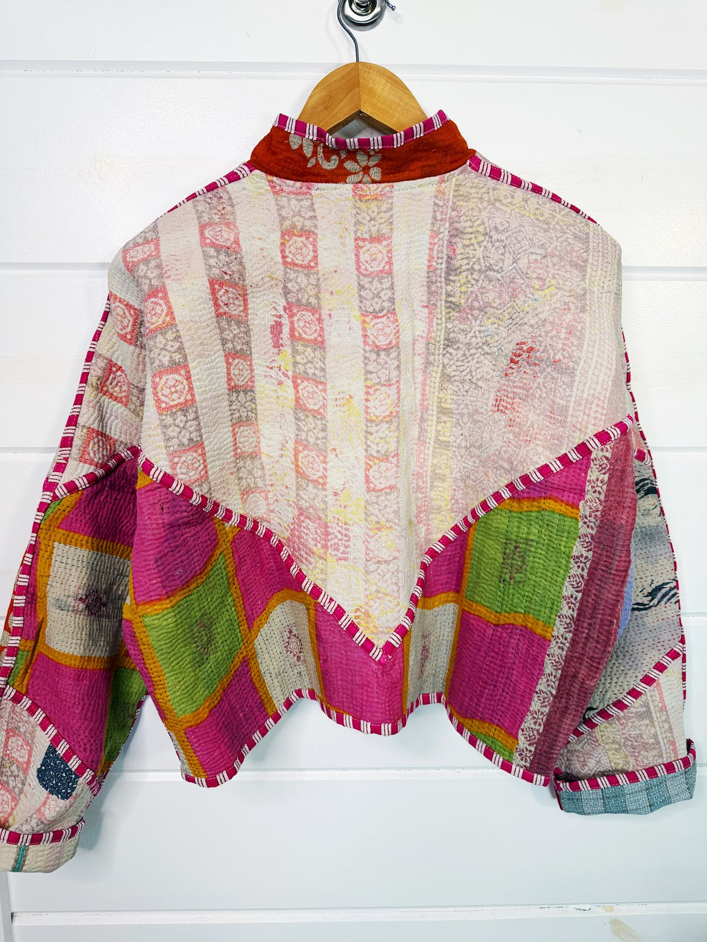 Stevie style revival kantha jacket #2308, on a hanger, back view