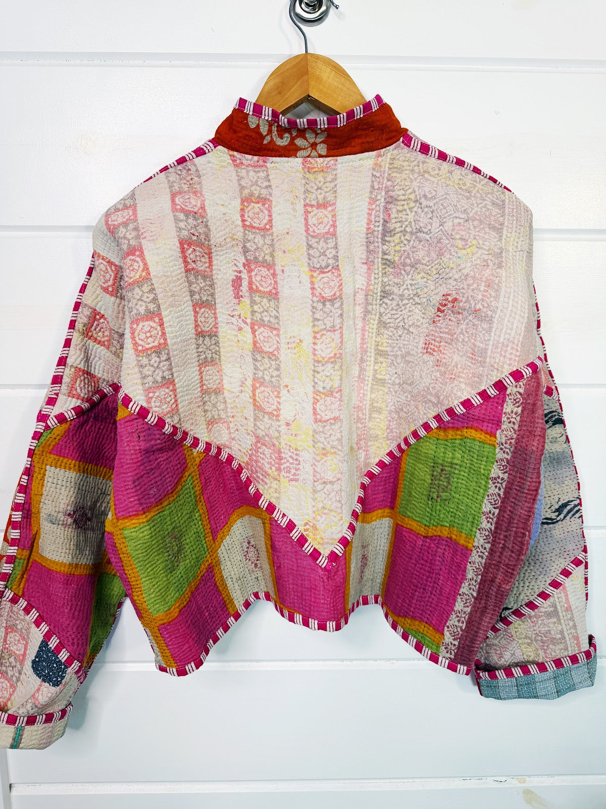 Stevie style revival kantha jacket #2308, on a hanger, back view