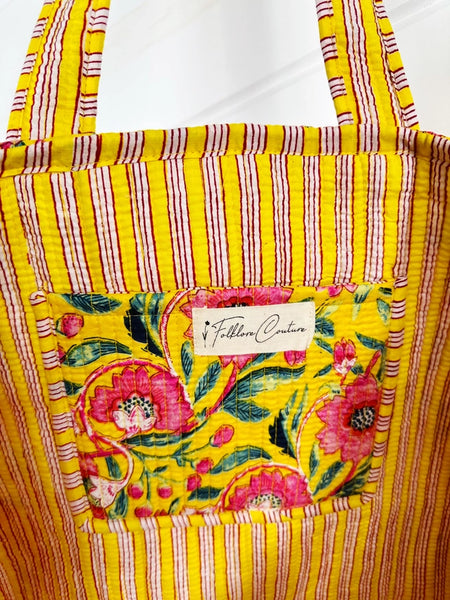 Quilted Block Print Tote Beach Bag Reversible - Yellow