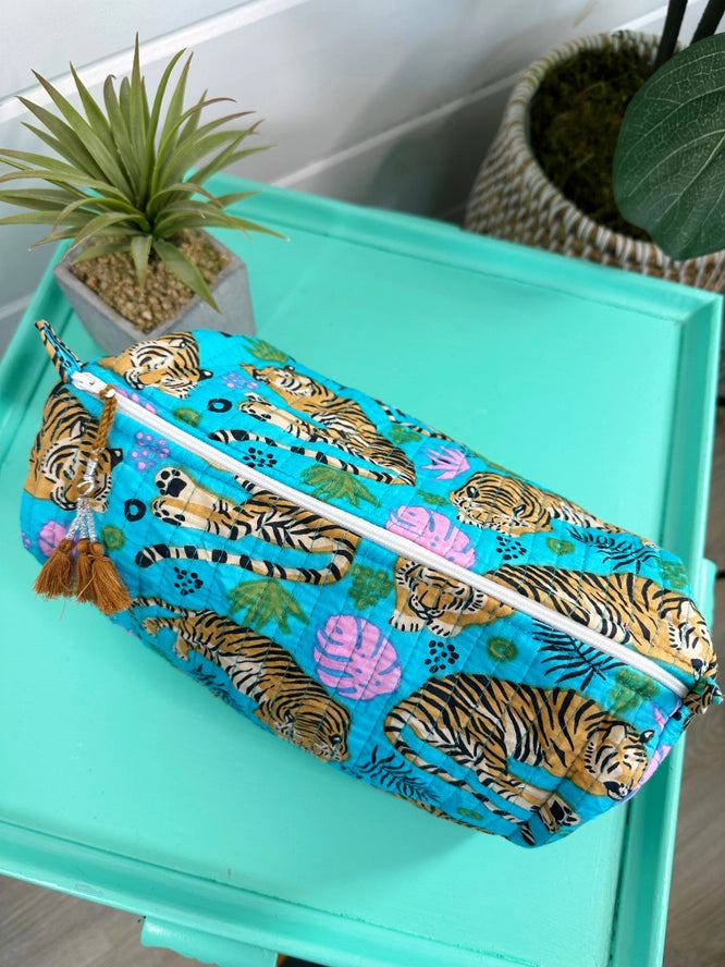 Aqua Blue Tiger Print Quilted Makeup Cosmetics Toiletry Bag
