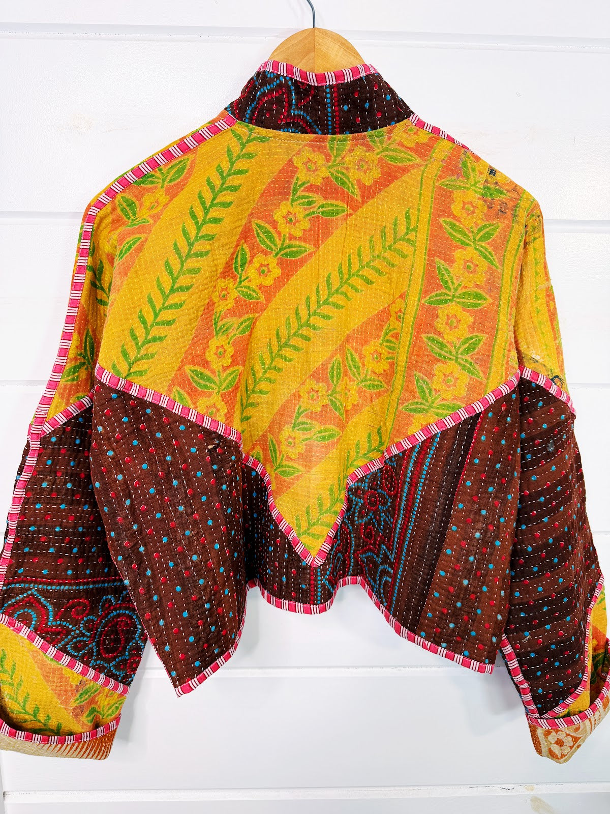 Stevie style revival kantha jacket #2315, on a hanger, back view