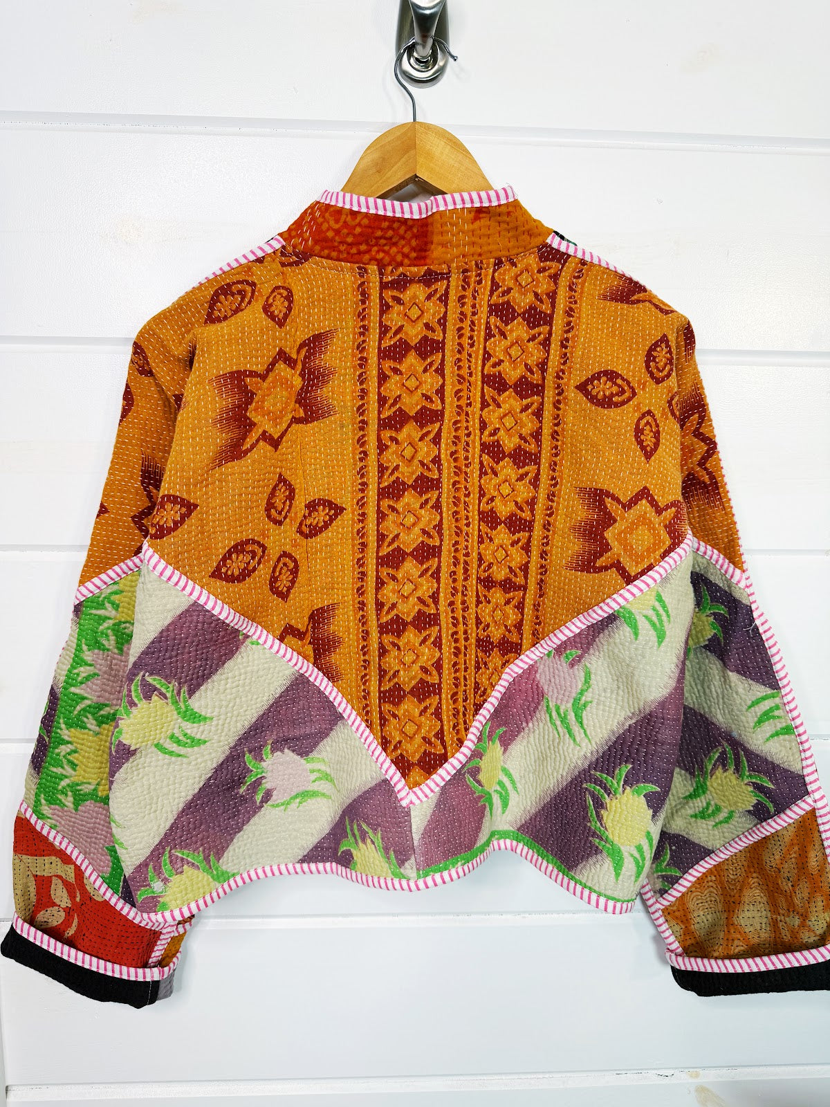 Stevie style revival kantha jacket #2310, on a hanger, back view