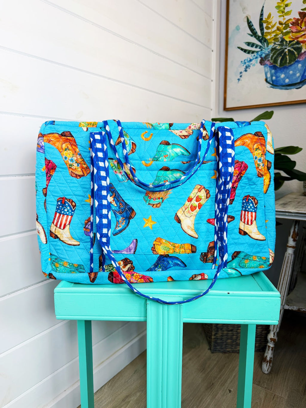 Blue Cowboy Boot Print quilted weekender duffle overnight bag
