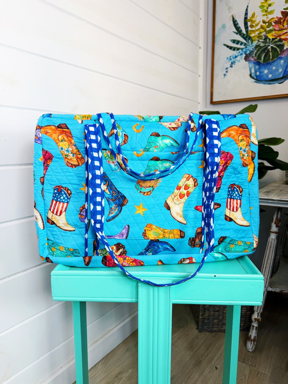 Blue Cowboy Boot Print quilted weekender duffle overnight bag