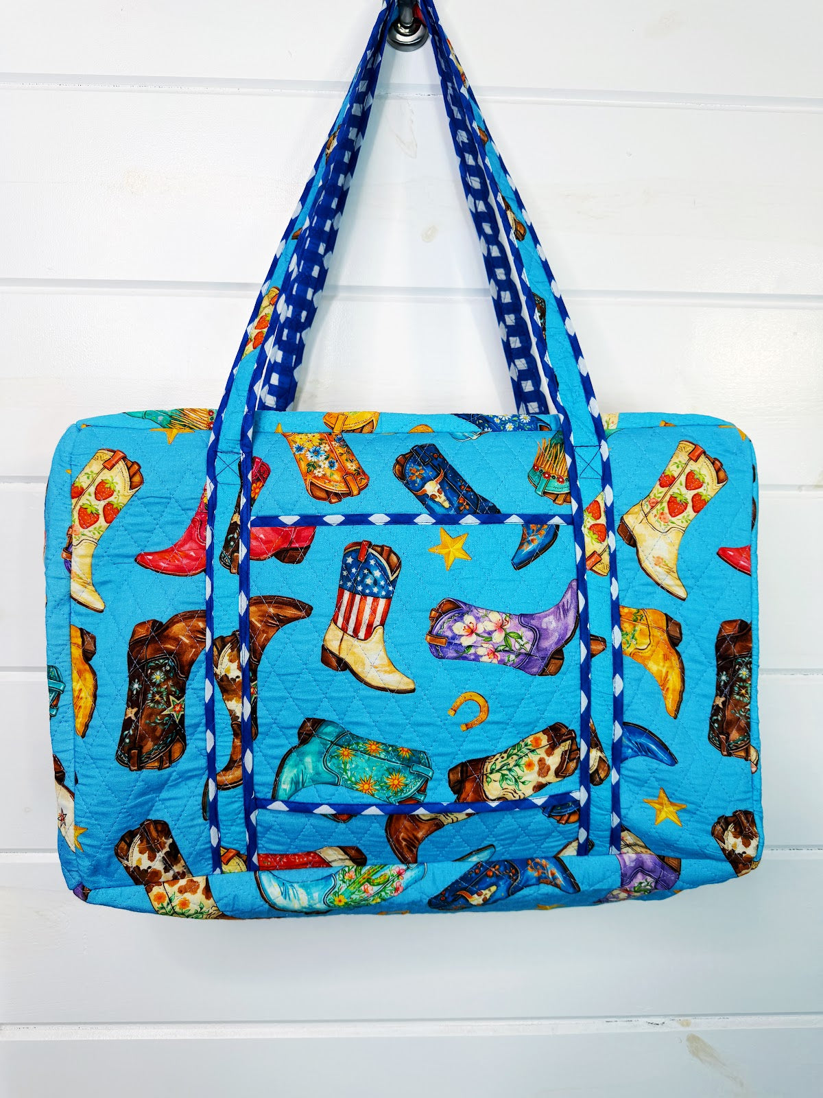 Blue Cowboy Boot Print quilted weekender duffle overnight bag