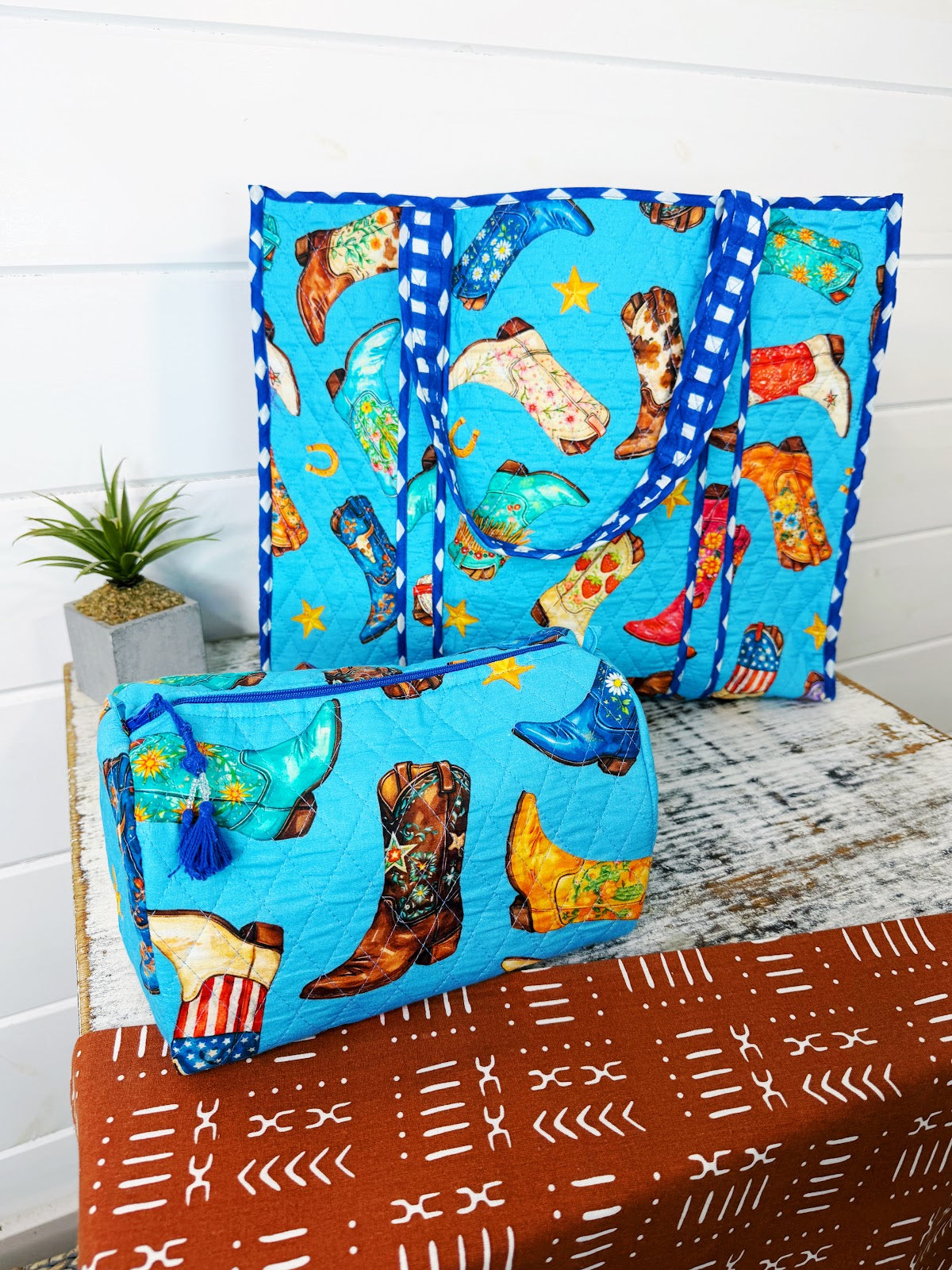 Blue Cowboy Boot Print quilted cotton reversible large tote bag