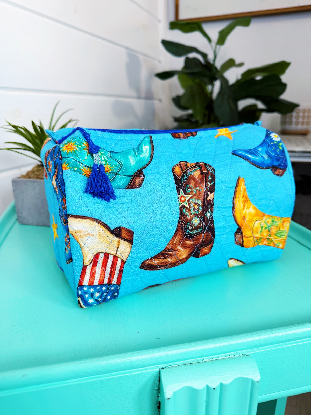 Blue Cowboy Boot Print quilted makeup cosmetics toiletry bag