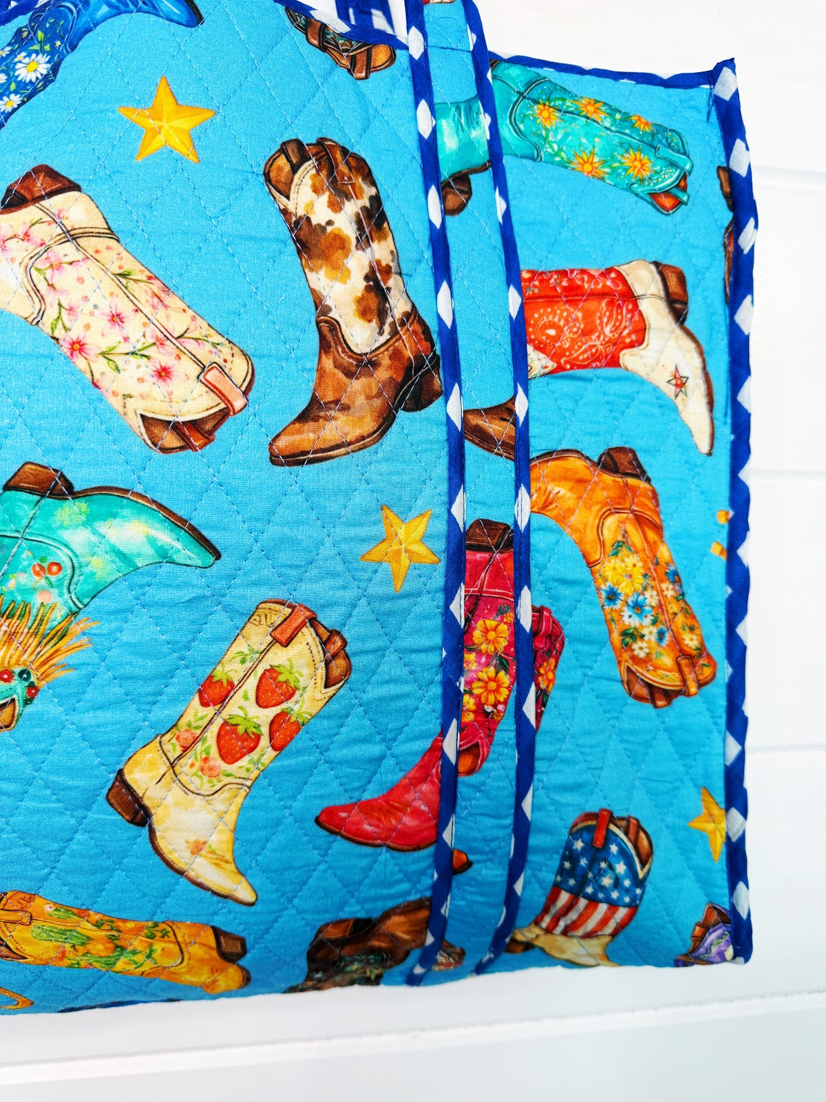 Blue Cowboy Boot Print quilted cotton reversible large tote bag