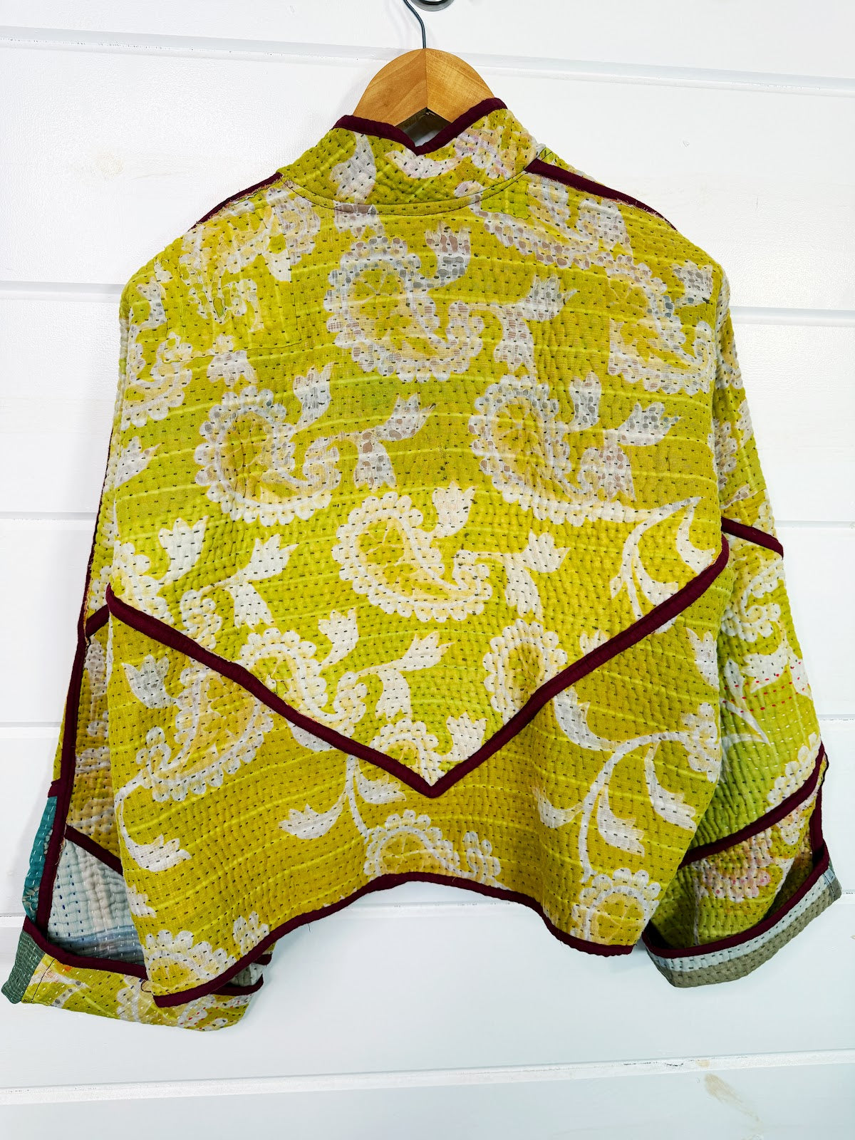 Stevie style revival kantha jacket #2312, on a hanger, back view