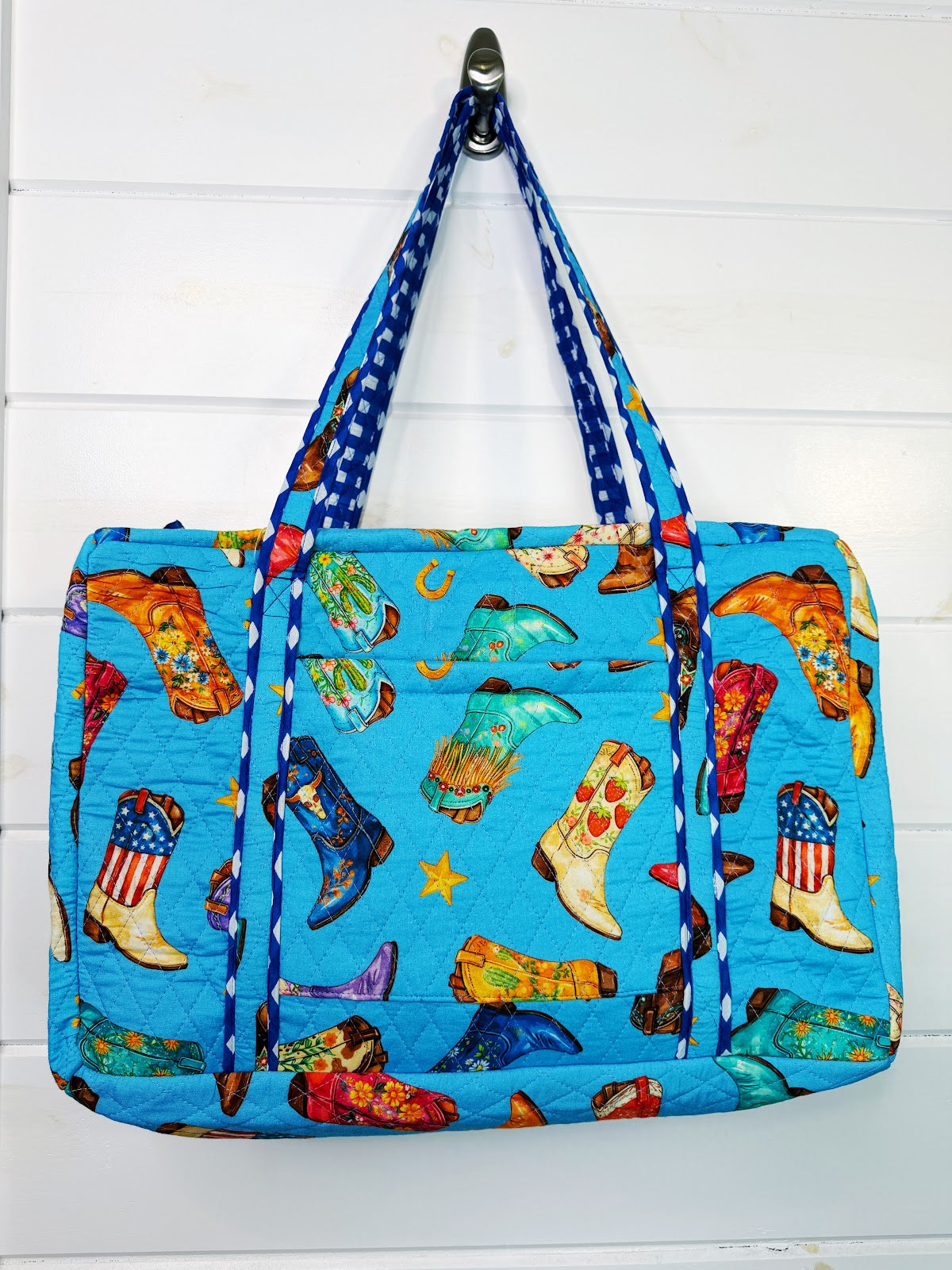 Blue Cowboy Boot Print quilted weekender duffle overnight bag