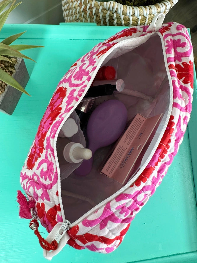 Pink and Red Quilted Makeup Cosmetics Toiletry Bag
