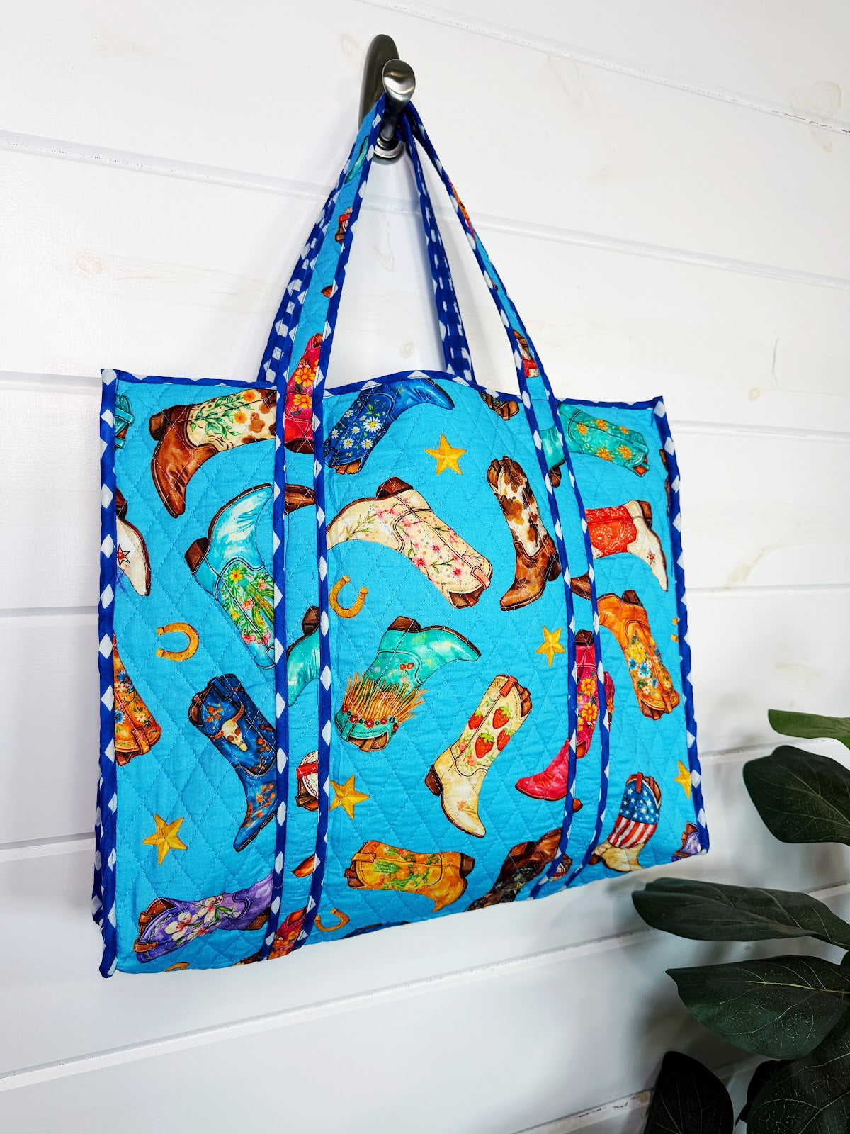 Blue Cowboy Boot Print quilted cotton reversible large tote bag