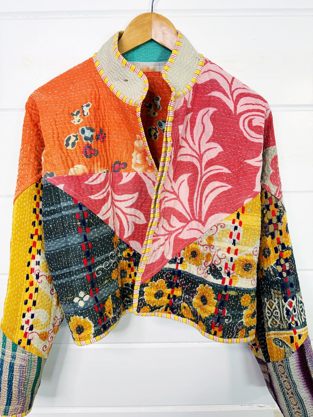 Stevie style revival kantha jacket #2313, reversed to show the other side, front view