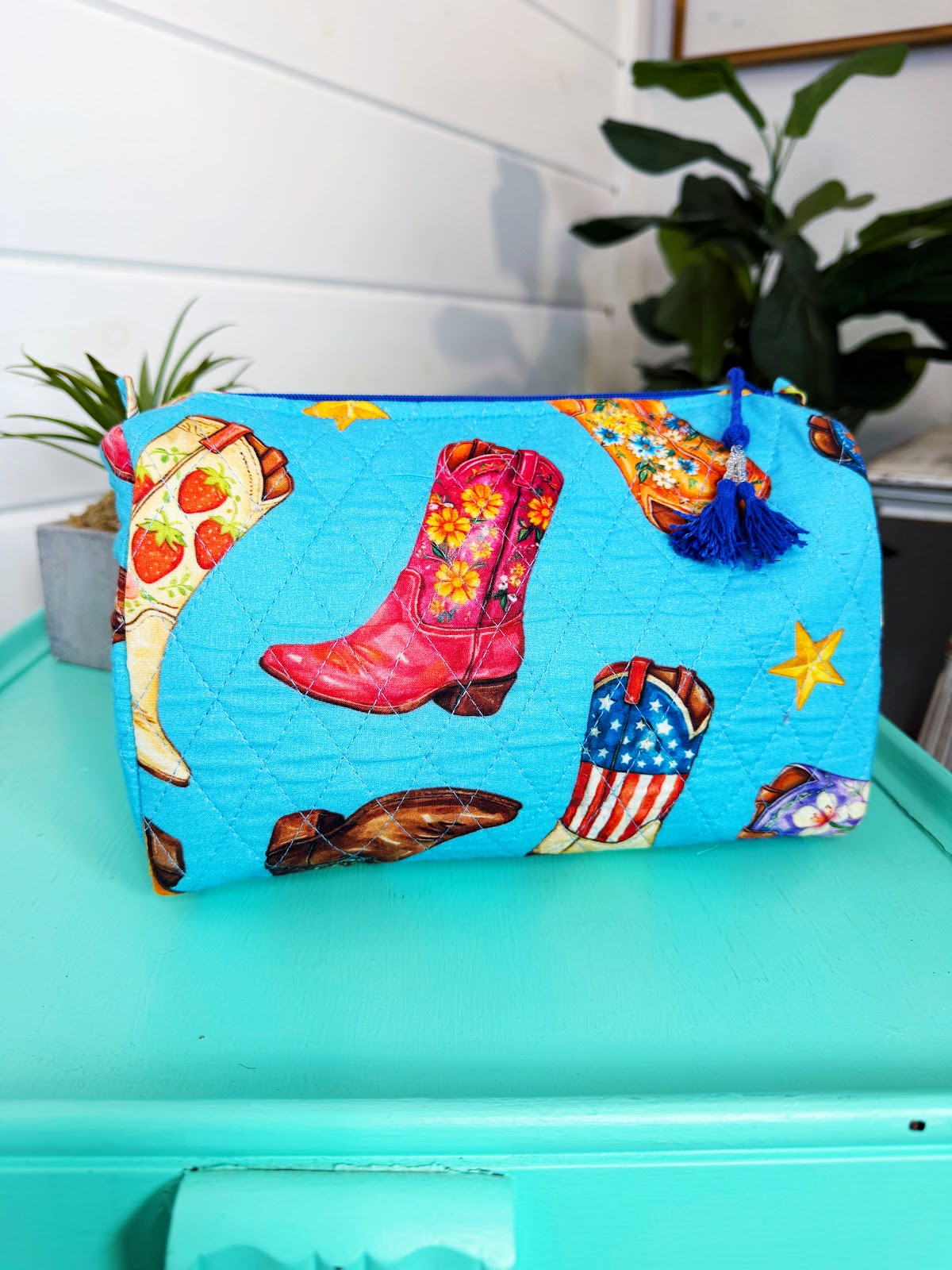 Blue Cowboy Boot Print quilted makeup cosmetics toiletry bag