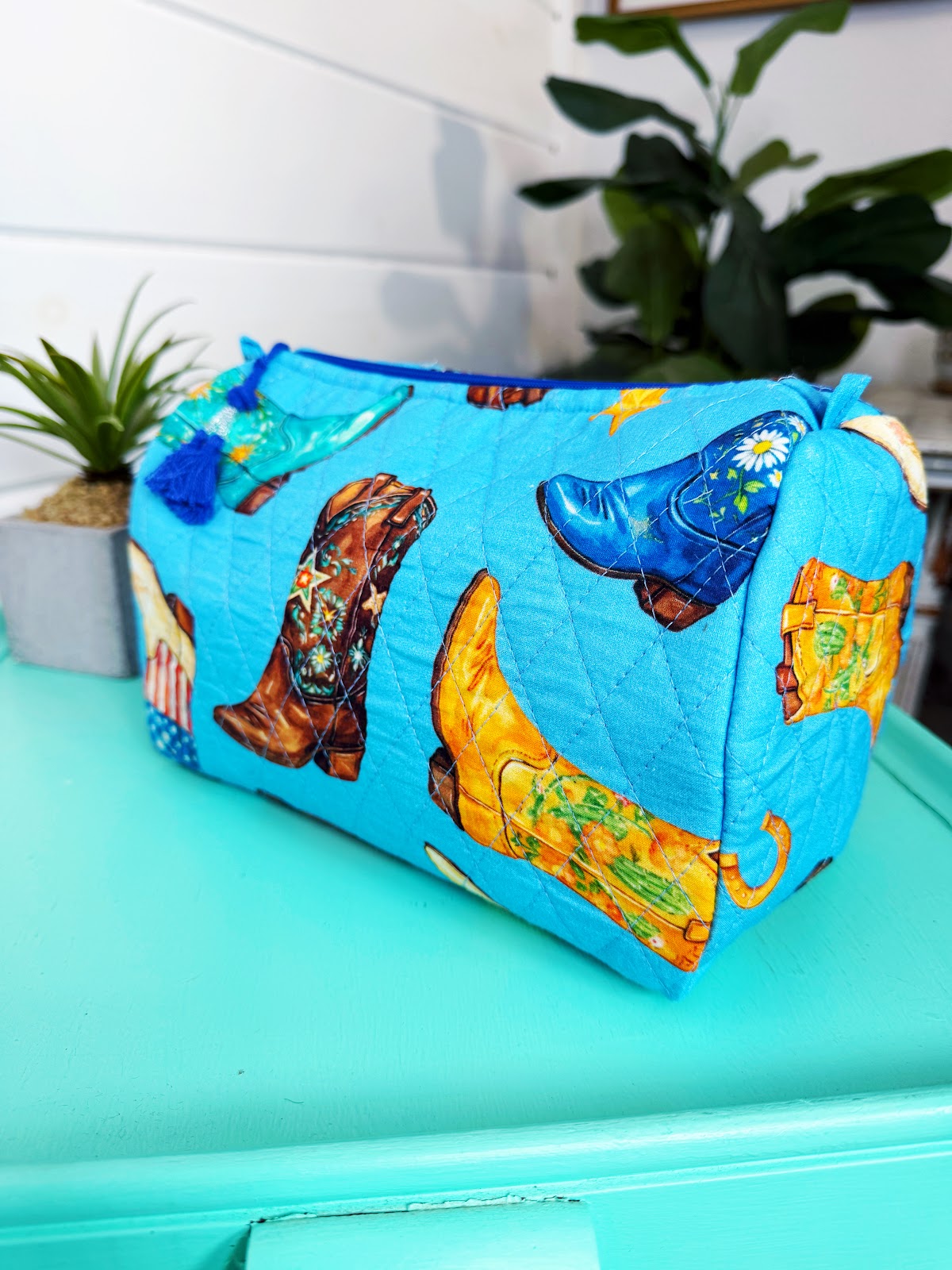 Blue Cowboy Boot Print quilted makeup cosmetics toiletry bag