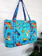 Blue Cowboy Boot Print quilted weekender duffle overnight bag
