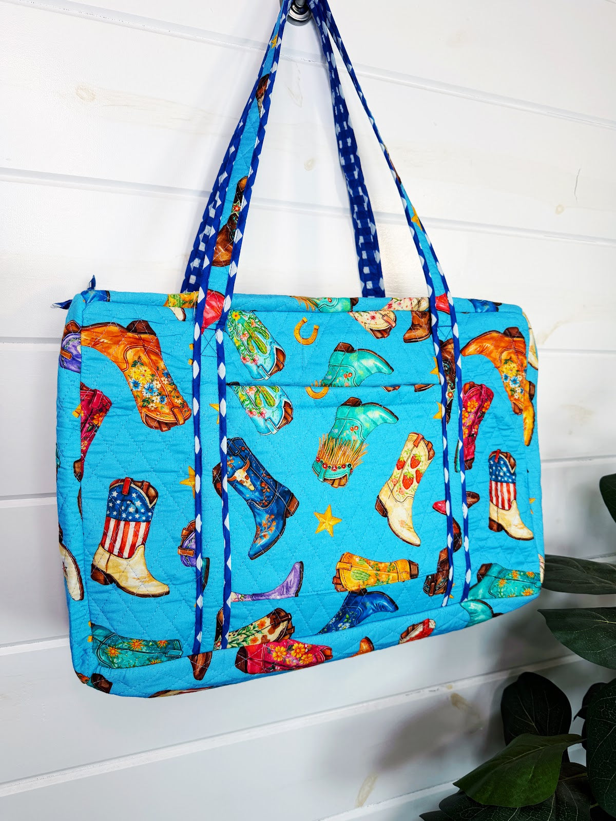 Blue Cowboy Boot Print quilted weekender duffle overnight bag