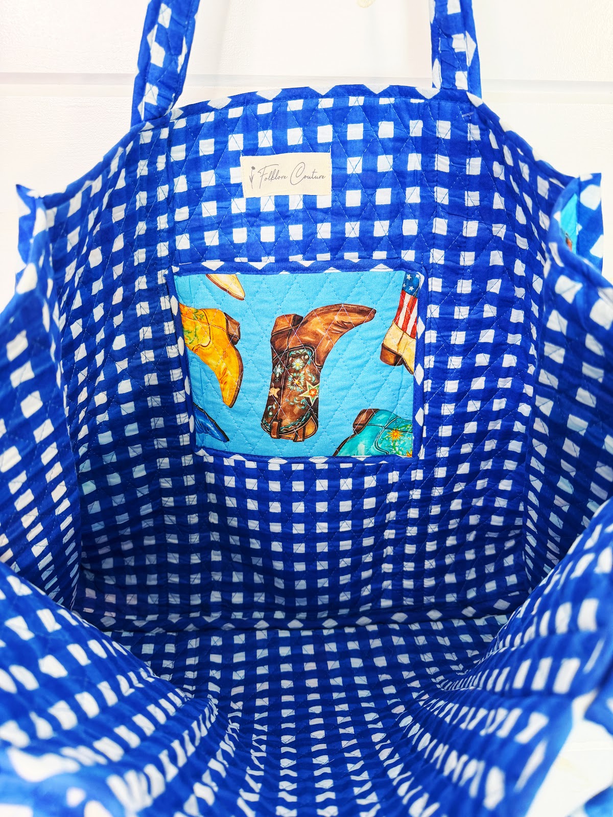 Blue Cowboy Boot Print quilted cotton reversible large tote bag