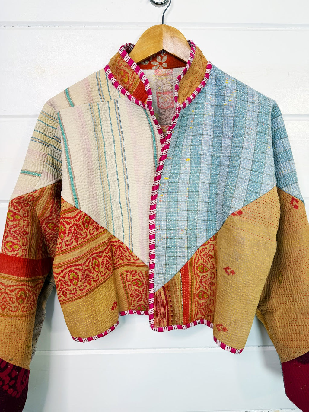 Stevie style revival kantha jacket #2308, reversed to show the other side, front view