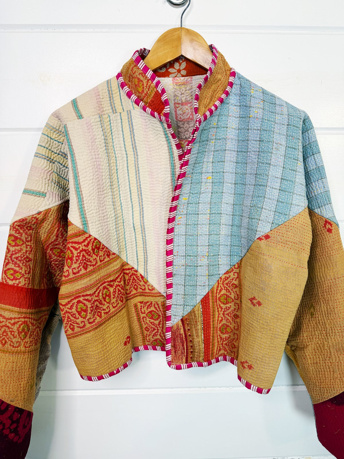Stevie style revival kantha jacket #2308, reversed to show the other side, front view