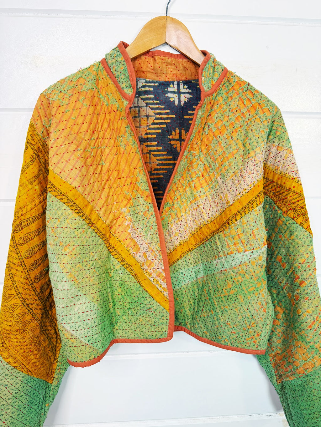 Stevie style revival kantha jacket #2311, reversed to show the other side, front view