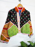 Stevie style revival kantha jacket #2310, patchwork kantha on a hanger, front view