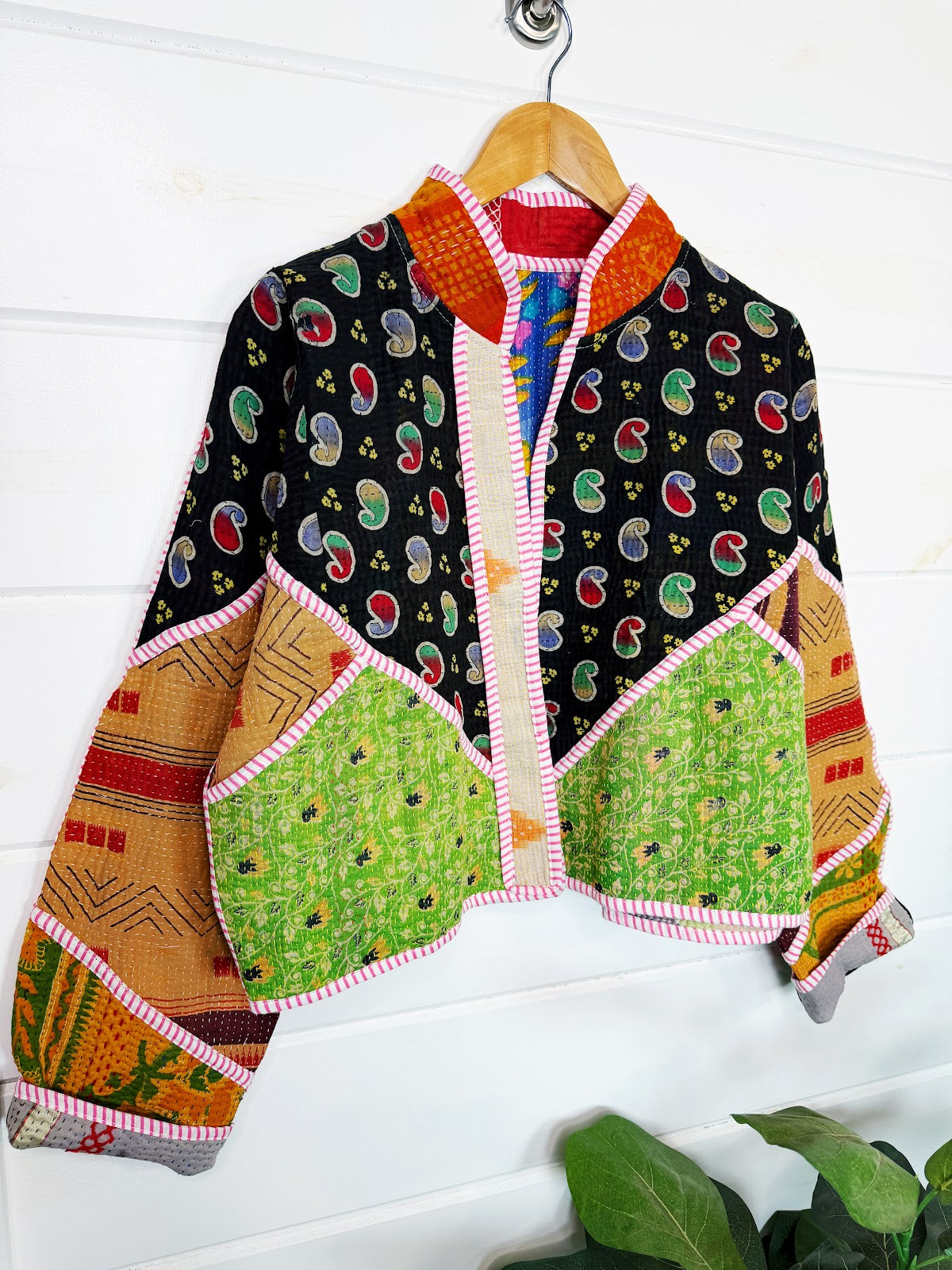 Stevie style revival kantha jacket #2310, patchwork kantha on a hanger, front view