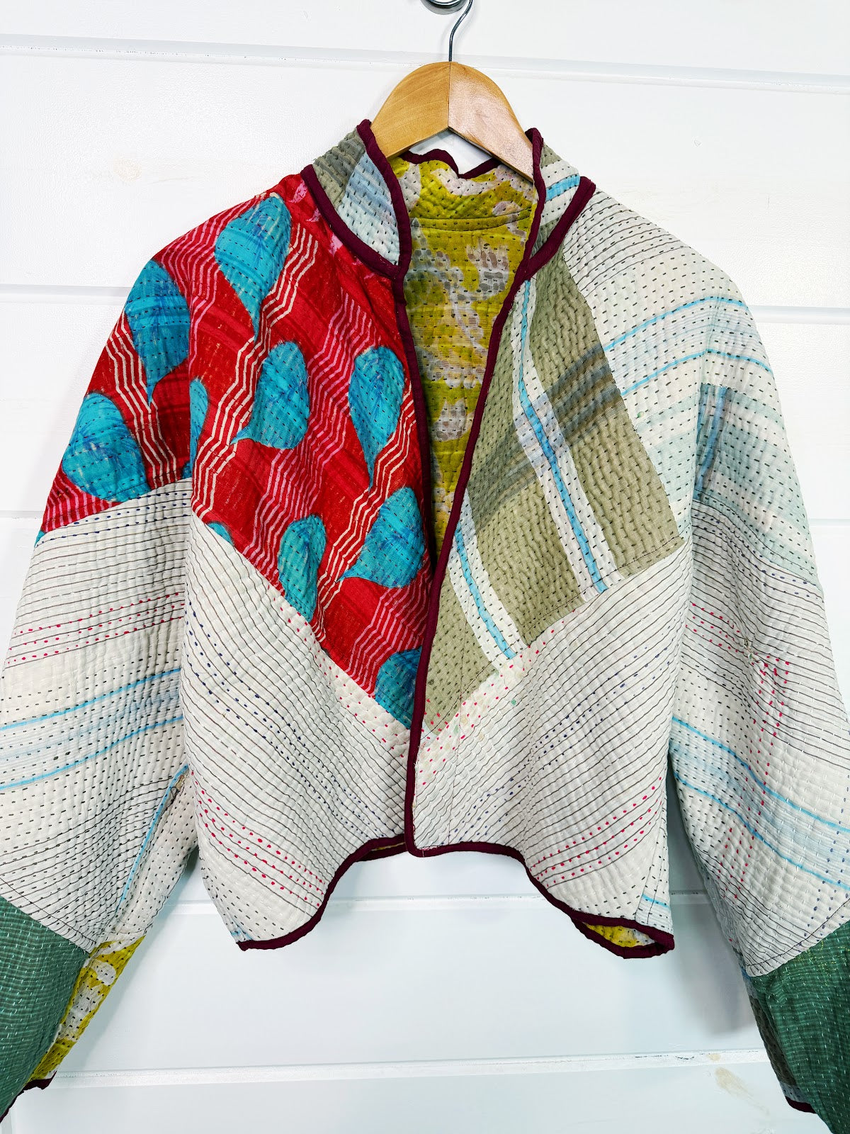 Stevie style revival kantha jacket #2312, reversed to show the other side, front view