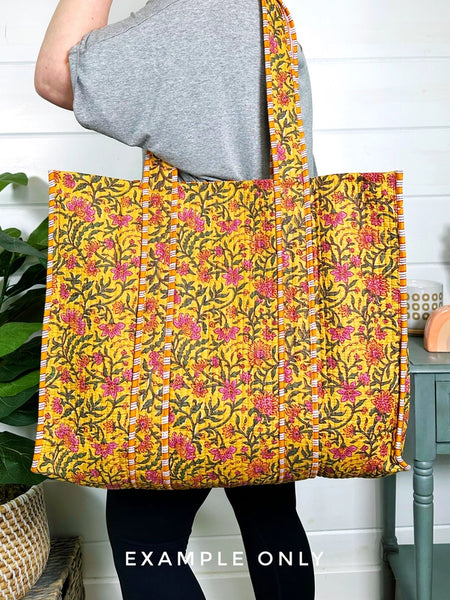Quilted Block Print Tote Beach Bag Reversible - Aqua Blue