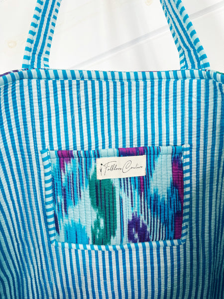Quilted Block Print Tote Bag Reversible - Aqua Ikat Tie Dye