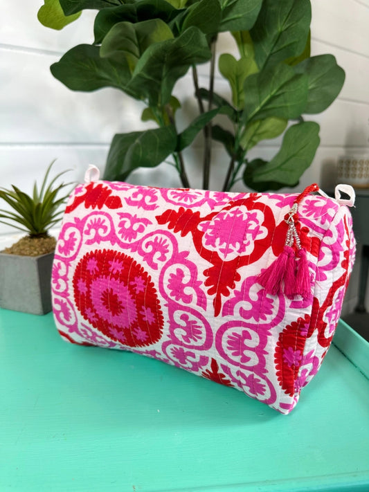 Pink and Red Quilted Makeup Cosmetics Toiletry Bag