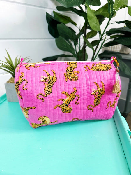 Bright Pink Tiger Print Quilted Makeup Cosmetics Toiletry Bag