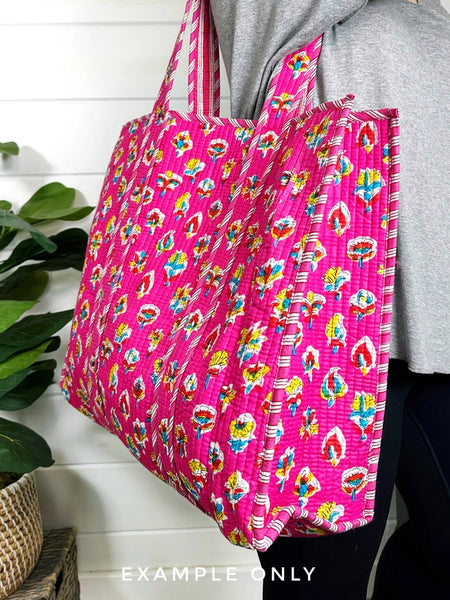 Quilted Block Print Tote Beach Bag Reversible - Aqua Blue