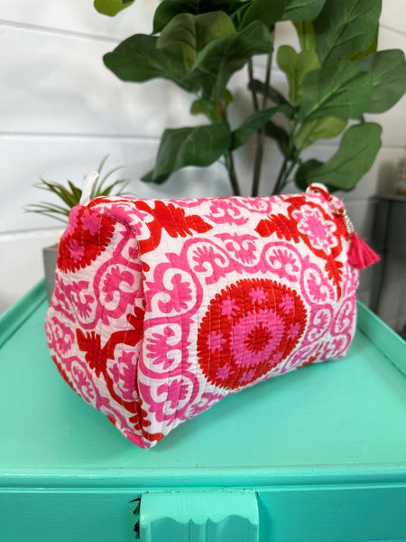 Pink and Red Quilted Makeup Cosmetics Toiletry Bag