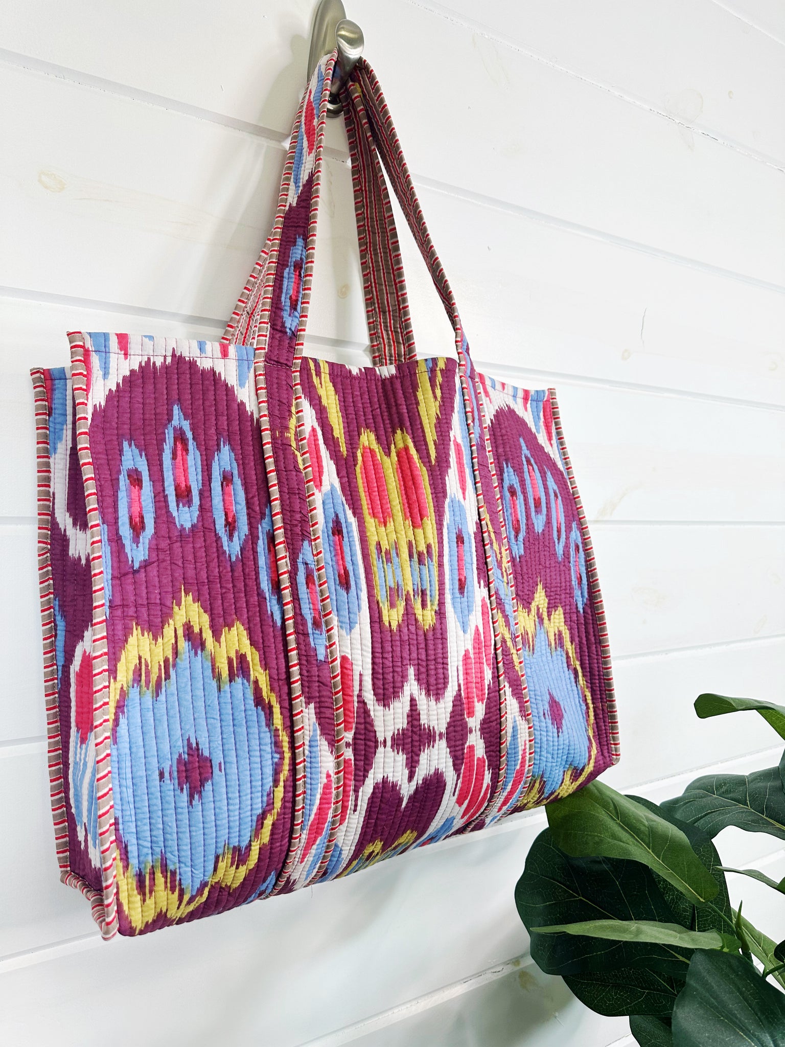 Quilted Block Print Tote Bag Reversible - Plum Ikat Tie Dye